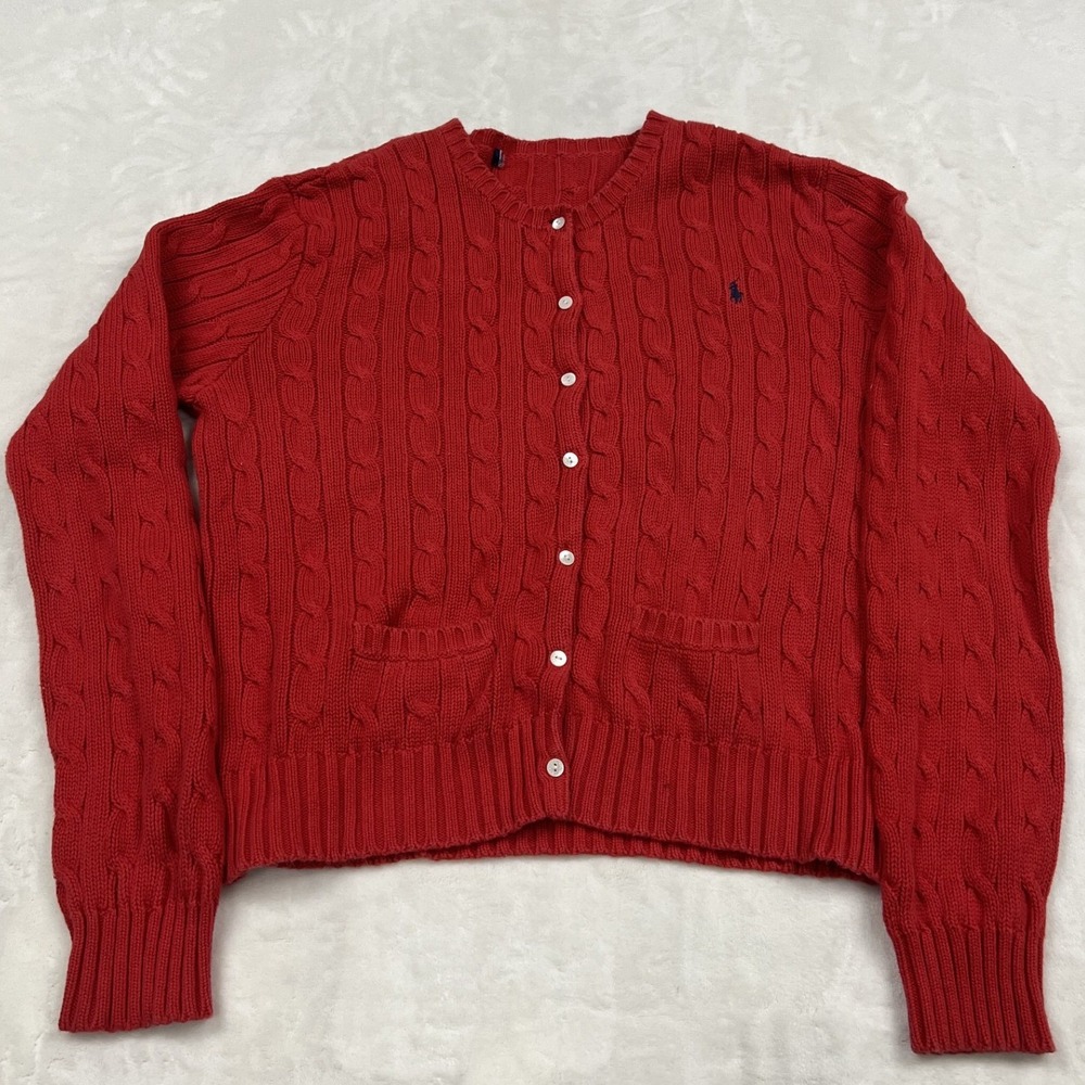 Polo Ralph Lauren Cardigan Women M Red Cable Knit Button Front Pony Logo